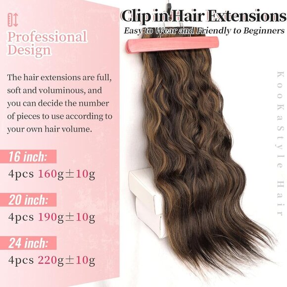 Clip in Hair Extensions Synthetic Wavy 24Inch Dark Brown to Chestnut - Picture 3 of 9